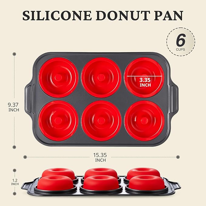 BRONYPRO Silicone Donut Pan for Baking with Metal Frame, 3.35 Inch Large doughnut pan,donut molds for baking Nonstick Non Toxic Bakeware for Oven, Red