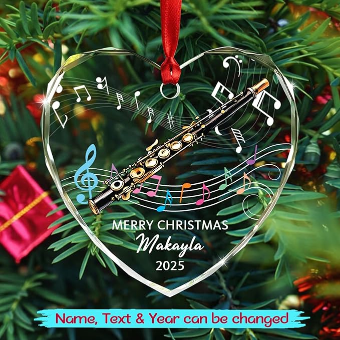 Customized Piccolo Instrument Glass Christmas 2025 Ornament, Personalized Year Text Name Piccolo Player Xmas Ornaments Gift for Husband Wife Dad Mom Kids, Unique Piccolos Musical Instrument Ornament