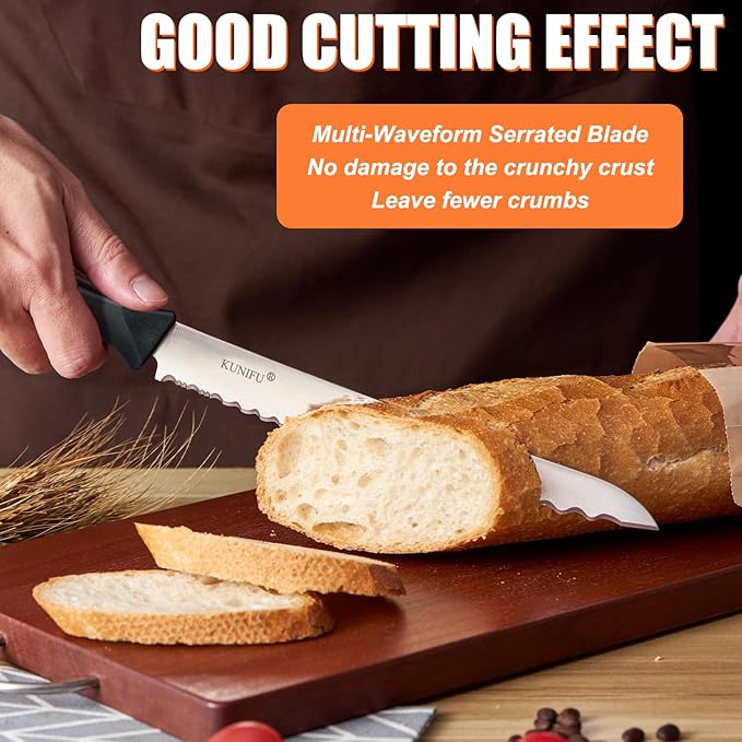 KUNIFU Bread Knife, 9.0 Inch Serrated Knife For Homemade Bread, Bread Slicer For Sourdough Cake Bagels