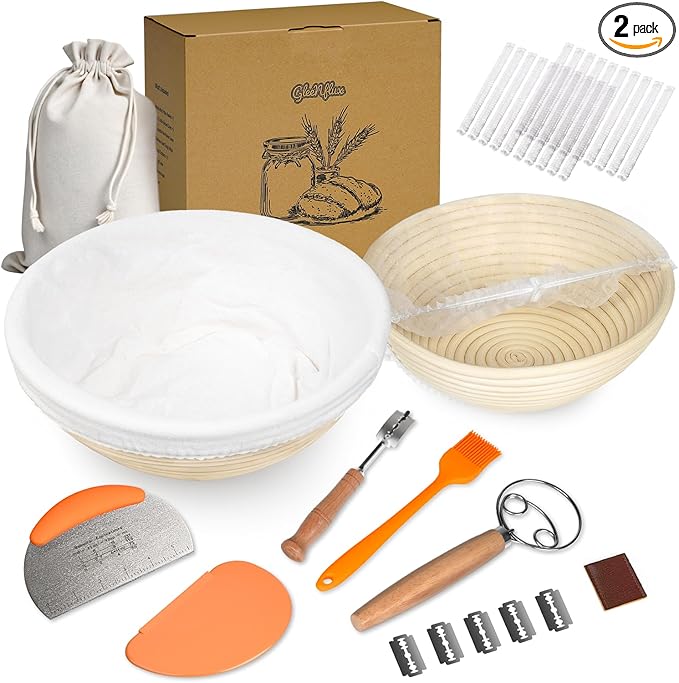 Sourdough Bread Baking Kit with 2 Pack 9" Round Banneton Proofing Baskets, Bread Baking Supplies with Cotton Liner, 430 Scraper, 304 Lame, Dough Whisk, Sourdough Starter Kit Gift