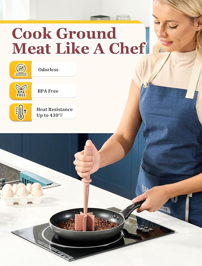 Nylon Hamburger Chopper, 5 Curve Blades Meat Masher Tool for Ground Beef, Turkey and More, Heat Resistant Non-scratch Utensil