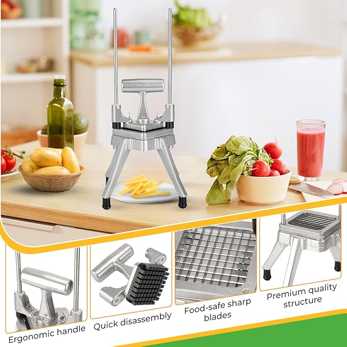Commercial Vegetable Chopper & French Fry Cutter Stainless Steel - Includes 3 Blade Sizes (1/2",3/8",1/4")- Perfect for Home Kitchen or Restaurant Use - Dices, Slices & Chops Fruits and Potato