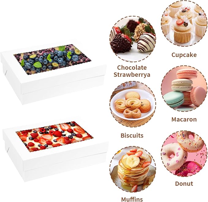 16pcs 14x10x4 inch Cake Boxes with Window，White Rectangle Sheet Large Bakery Boxes for Pastry Dessert Cake, Cupcakes Donuts Cookies Pie Treat Packaging