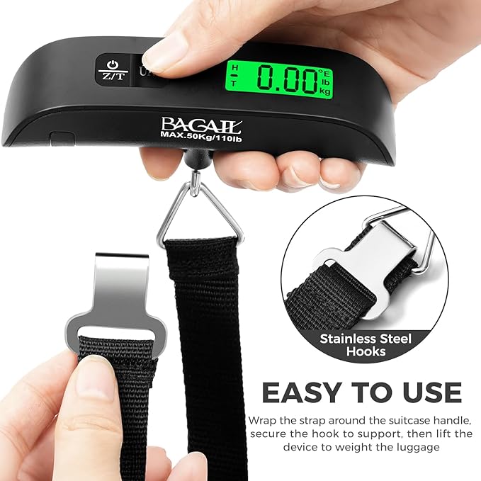 BAGAIL Digital Luggage Scale, 110lbs Hanging Baggage Scale with Backlit LCD Display, Portable Suitcase Weighing Scale, Travel Luggage Weight Scale with Hook, Strong Straps for Travelers