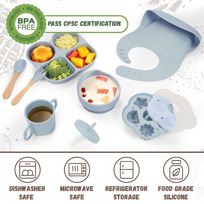 Silicone Baby Feeding Set, Baby Led Weaning Supplies, Baby Food Tableware Silicone Suction Plate, Bowl, Spoons, Fork, Waterproof Bib, Cup & Complementary Food Cake Mold, Baby Eating Utensils