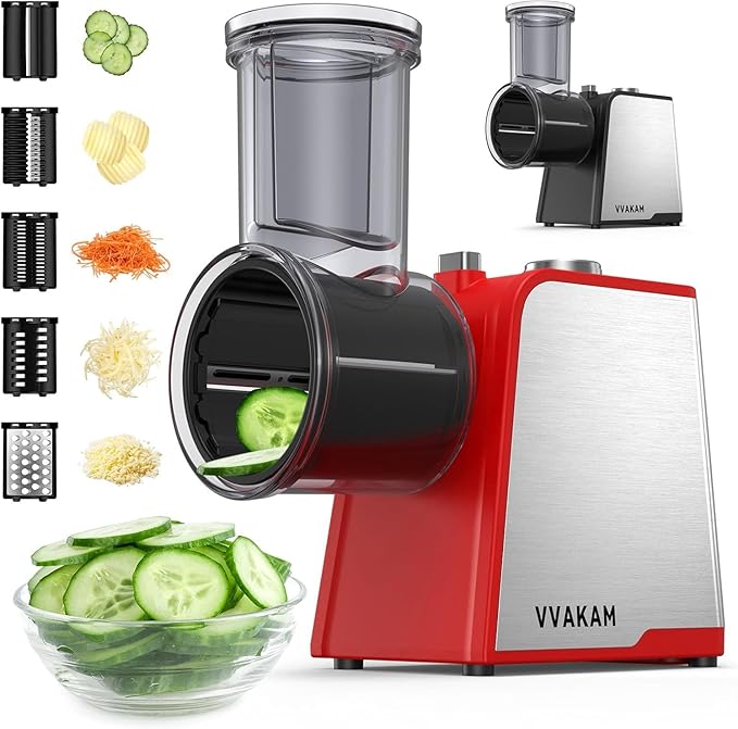 Electric Cheese Grater, 300W DC Motor Rotary Cheese Grater with 5 Different Shapes of Blades, Vegetable Cutter for Potato, Nuts, Kitchen Chopper with Non-slip Suction Base, Red