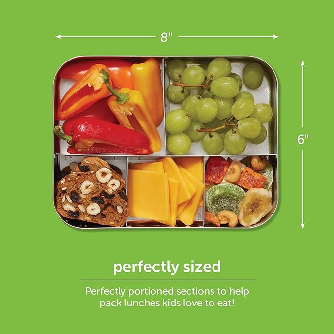 LunchBots Medium Duo Snack Container - Divided Stainless Steel Food Container - Two Sections for Half Sandwich and a Side - Eco-Friendly - Dishwasher Safe - Stainless Lid - Aqua Dots