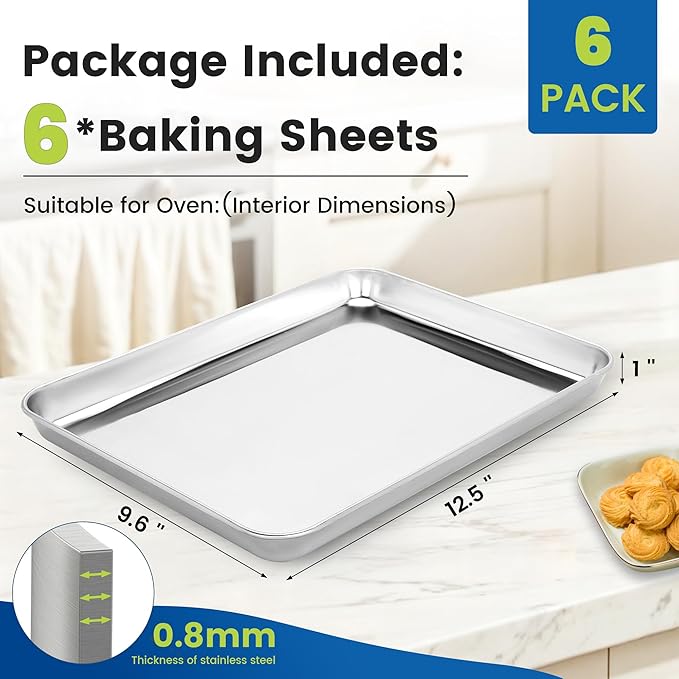 6 Pack Stainless Steel Baking Sheet Pans, 12.5" L × 9.6" W × 1" H Cookie Sheets for Toaster Oven, Rust-Resistant, Dishwasher Safe