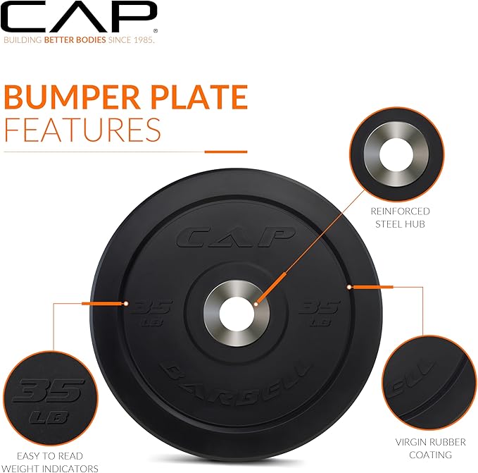 CAP Barbell 2-Inch Olympic Bumper Plate Weight Set with 6 Post Rack | 100-370 lbs | Multiple Options