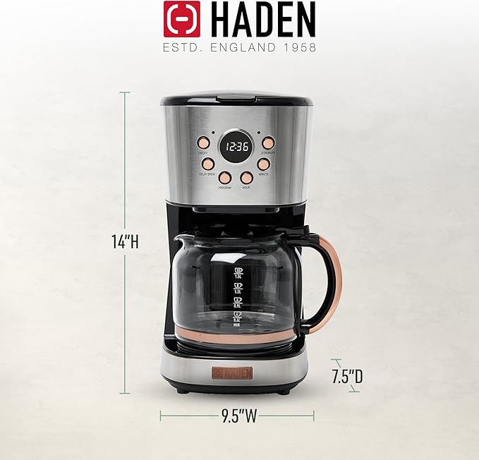 Haden Coffee Machine, 12 Cup Programmable Drip Coffee Maker with Auto Shut-Off Function and Reusable Washable Water Filter, Steel & Copper