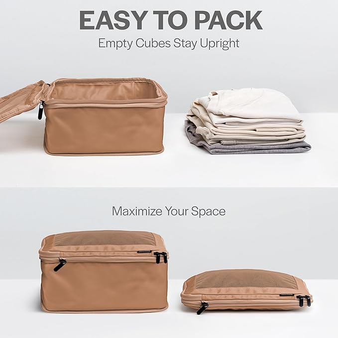 Aerotrunk Compression Packing Cubes for Travel - Luggage Organizer Bags - Double Zipper Packing Cubes for Suitcases (6-Pack, Mocha)