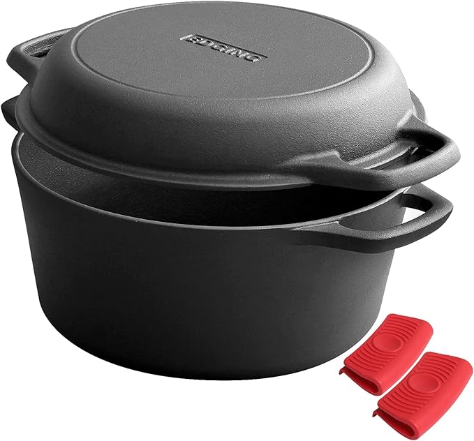 2-in-1 Pre-Seasoned Cast Iron Dutch Oven Pot with Skillet Lid Cooking Pan, Cast Iron Skillet Cookware Pan Set with Dual Handles, Indoor Outdoor for Bread/Frying/Baking/Camping/BBQ, 5 Qt