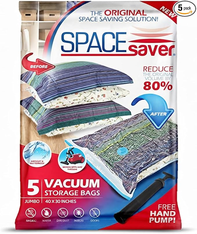 5 Pack Jumbo Vacuum Storage Bags for Comforters, Blankets & Clothes – Jumbo Vacuum Sealed Compression Bags with Hand Pump – Space Saver Storage Bags for Bedding, Moving, Travel & Organization