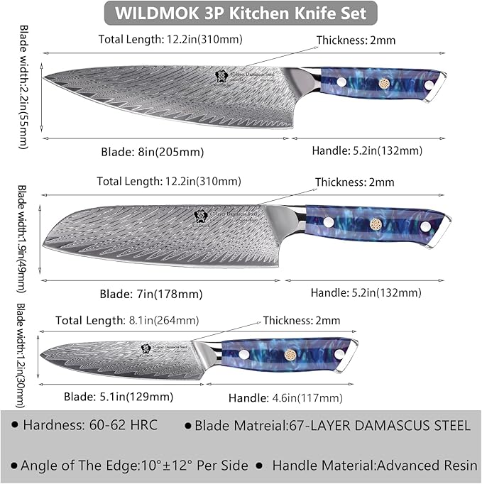 WILDMOK Kitchen Knife Set, 3 Piece Damascus Steel Professional Chef Knife Set with Ultra Sharp Blade & Resin Handle -Kitchen Knife Set 3 Pcs