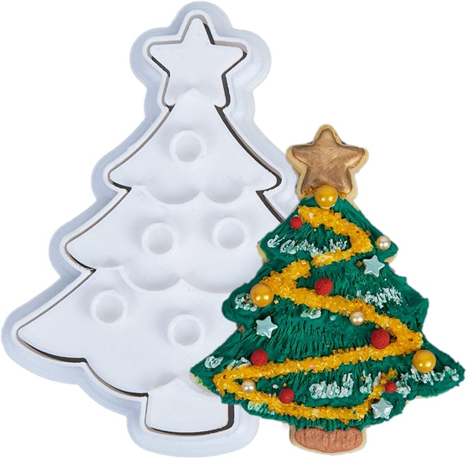 Flycalf Christmas Cookie Cutters Xmas Tree Shapes with Plunger Stamps Holiday PLA Baking Accessories Cutter Molds Gifts Decorative Party 3.5" Kitchen Cake Supplies