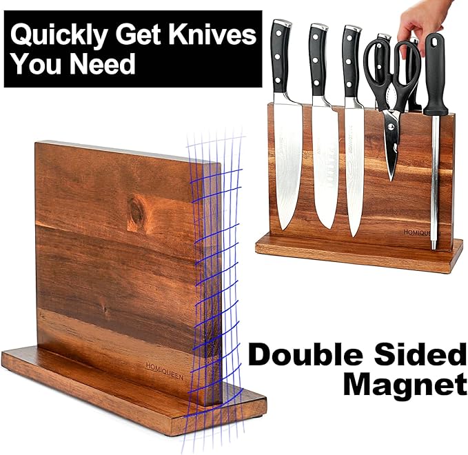 Magnetic Knife Block Double Sided Magnetic Knife Holder Rack with Strong Enhanced Magnets Acacia Wood Magnetic Knife Storage Stand