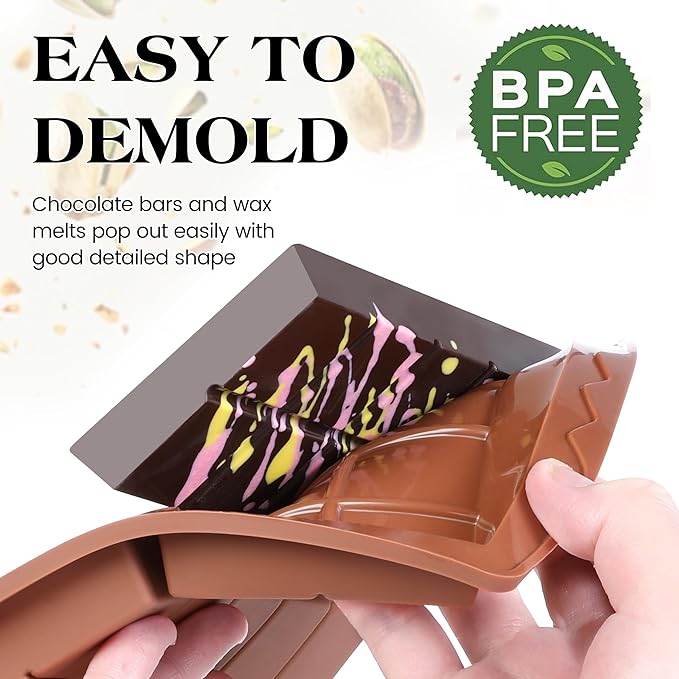 4 Pcs Chocolate Bar Mold Deep Dubai 0.85 Inch Stuffed Chocolate Molds Silicone Large Break Apart Silicone Molds (10 Snap + Pyramid)