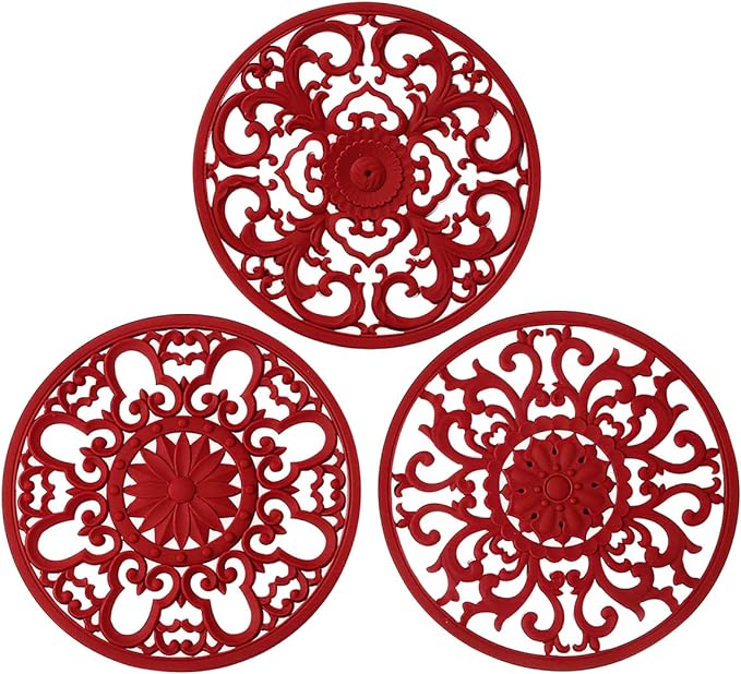 Extra Thick Silicone Trivet Mat for Hot Dishes, Hot Pots and Pans, Pot Holder, Hot Pad to Portect Your Table and Countertop, Kitchen Decor and Accessories,Merlot Red,Set of 3