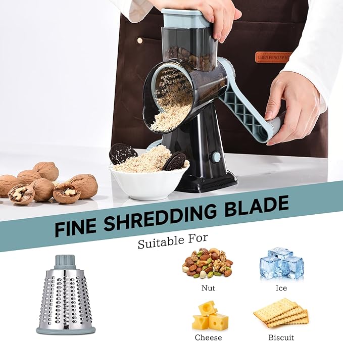 Rotary Cheese Grater with Handle Kitchen Shredder Slicer Grater Slicer Ice Shaver Cheese Vegetable Nuts Potato Zucchini Chocolate 3 Interchangeable Blades (GreyBlue)