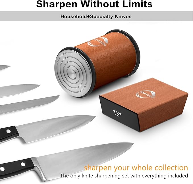 Toptzon Diamond Brown Rolling Knife Sharpener – Roller Knife Sharpener Kit with 15 & 20 Degree Magnetic Angle Stand & Leather Strop Paddle Kit - Easy Sharpening for Kitchen Knife (Modern Brown)