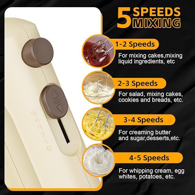 Lord Eagle 5-Speed Hand Mixer Electric Heldhand With Bowls Set, 300W Compact Mixer for Baking, Stainless Steel Mxing Bowl Measuring Cups Spoons