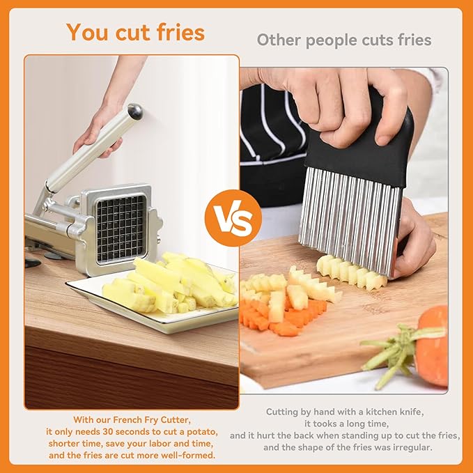 Commercial French Fry Cutter Stainless Steel.Potato Cutter for French Fries with 1/2 and 3/8Inch Blade, Commercial French Fry Cutter Manual Potatoes Cutting Machine with Suction Feet.