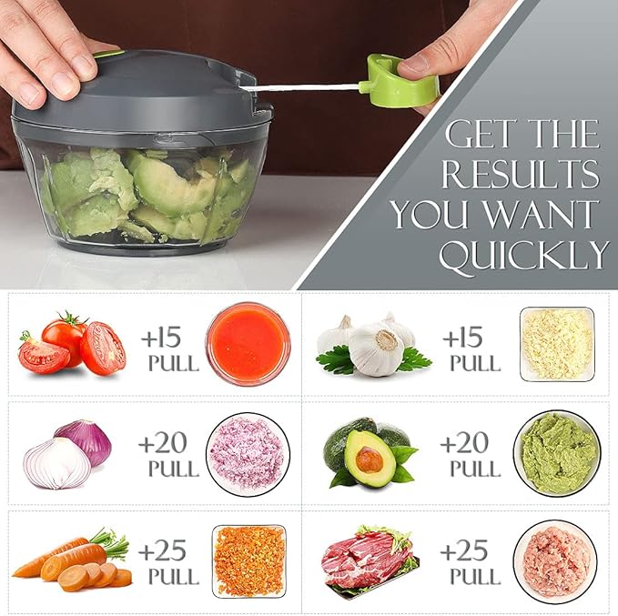 Ourokhome Manual Food Processor Vegetable Chopper, Portable Hand Pull String Garlic Mincer Onion Cutter for Veggies, Ginger, Fruits, Nuts, Herbs, etc., 500ml, Grey