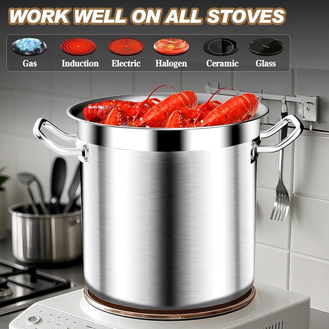 Stock Pot - 50QT Large Soup Pot with Lid - Heavy Duty Induction Tri-Ply Bottom Commercial Grade Stockpot for Boiling Cooking Soup Stew Pasta Cooking Pots, Deep Cookware