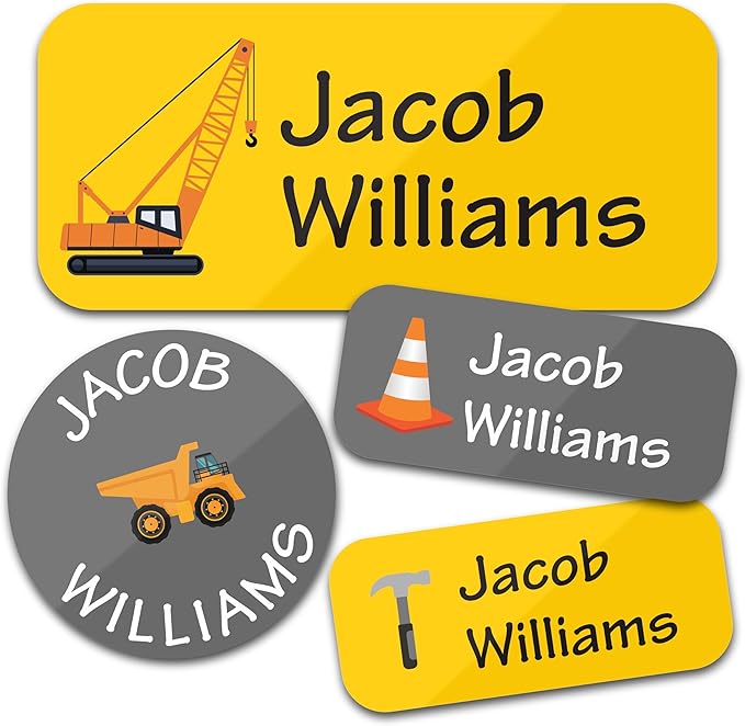 Personalized Daycare Name Labels for Kids (130 Labels) - Custom Waterproof Name Stickers for Clothing Tags, Water Bottles, Lunch Boxes and School Supplies (Construction)