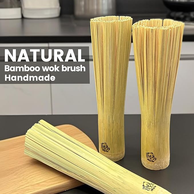 Bamboo Wok Brush 2 Pack – Handmade Natural Scrubbers for Carbon Steel & Cast Iron, 100% Bamboo, No Metal, Eco-Friendly Kitchen Cleaning Brushes for Woks, Pans, Dishes, Teapots(for All Pots)