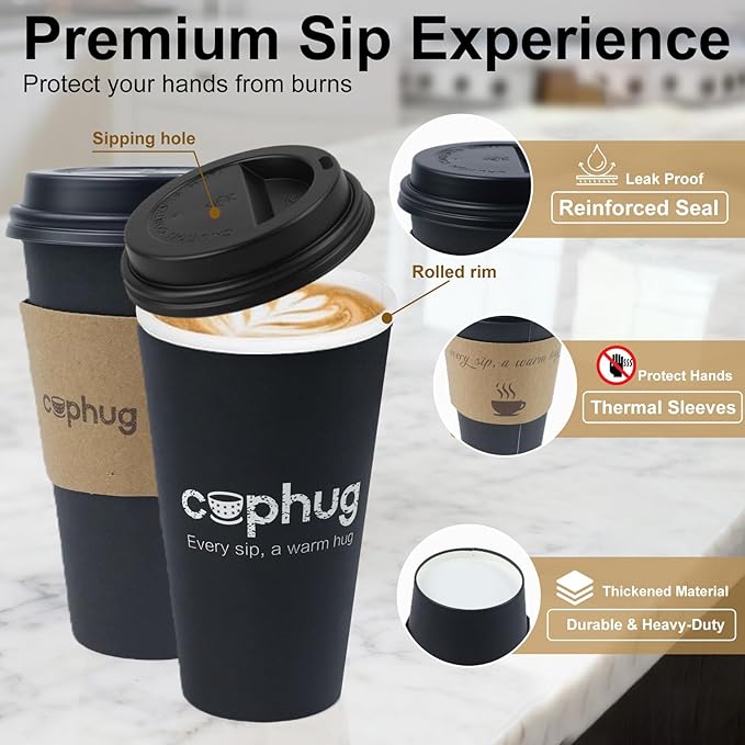 100 Pack 16 oz Coffee Cups,Disposable Hot Drink Paper Cups with Lids & Sleeves - 16 Ounce Black Party Cups Perfect for Hot Beverages, Party, Office, and Home Use