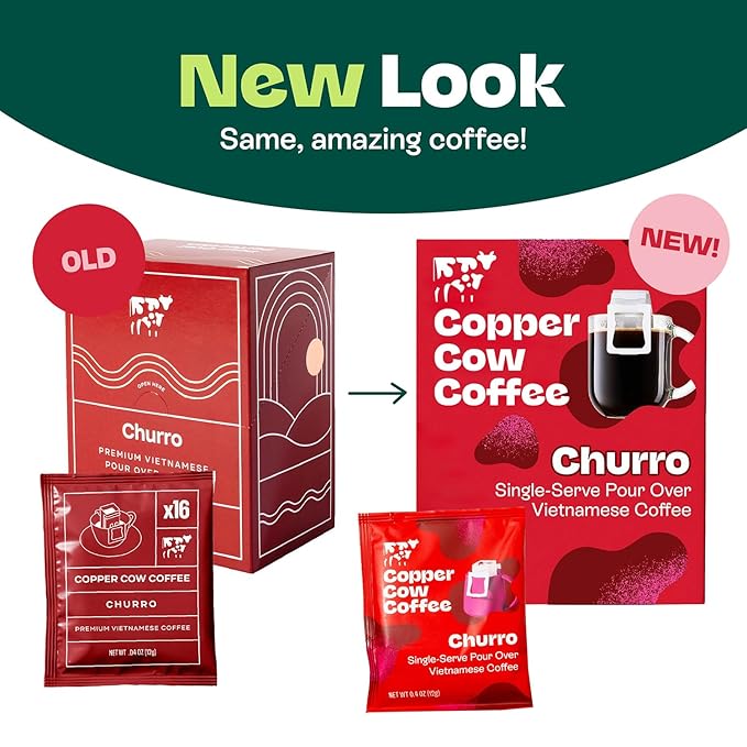 Copper Cow Coffee Pour Over Vietnamese Coffee Pouches + Sweetened Condensed Milk Creamers (8 Coffees & 8 Milk Creamers) | Churro Lattes, No Refrigeration Needed, Travel Friendly