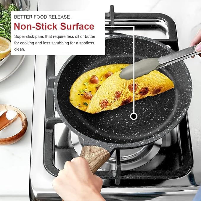 Caannasweis Nonstick Granite Frying Pan Skillet, Non Stick Omelette Fry Pans, Omelet Egg Pan, Stone Cookware Chef's Pan, Induction Compatible, PFOA Free (Gray, 8 Inch with Lid)