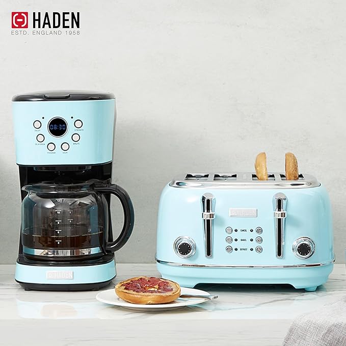 Haden 12 Cup Programmable Drip Coffee Maker Coffee Machine Bundled with Heritage 4 Slice Wide Slot Stainless Steel Toaster, Turquoise & Chrome