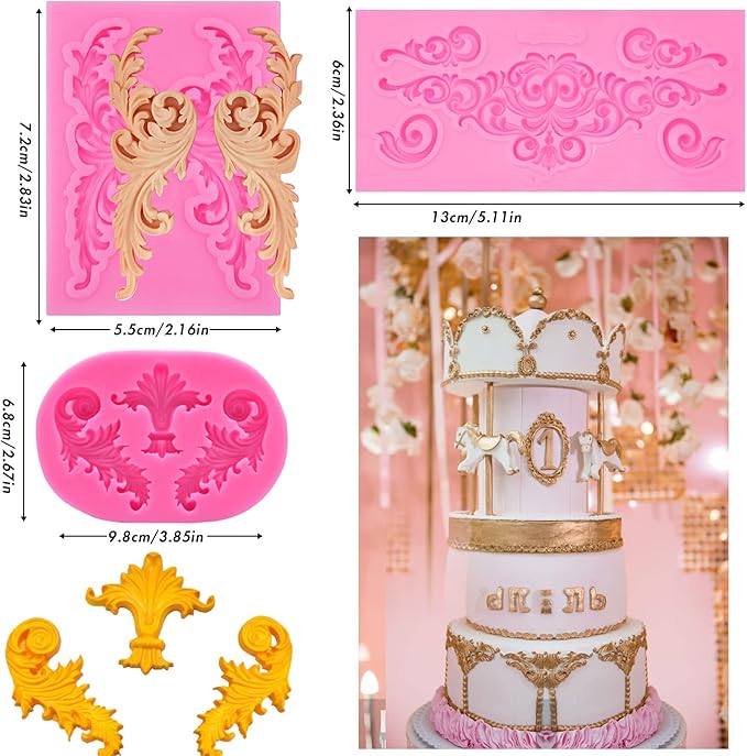 Rainmae 5 Pcs Baroque Style Curlicues Scroll Lace Fondant Silicone Mold, Relief Flower Lace Mould Filigree Mold 3D Sculpted Decoration, Cupcake Topper, Jewelry, Polymer Clay, Crafting Projects