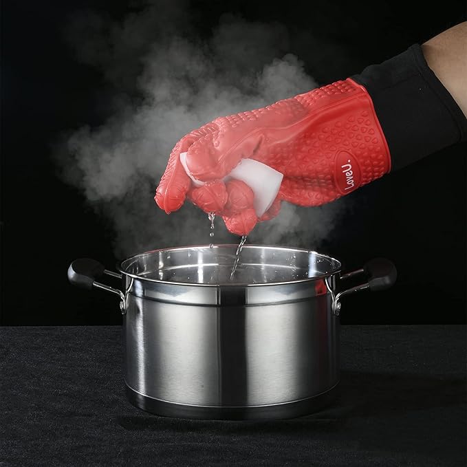 Kitchen Oven Gloves - Dual-Layer Heat Resistant Grilling Gloves, Silicone Oven Mitts with 5 Fingers, Waterproof Non-Slip Pot Holder for Barbecue, Cooking, Baking (XL-XXXL, Red Long)