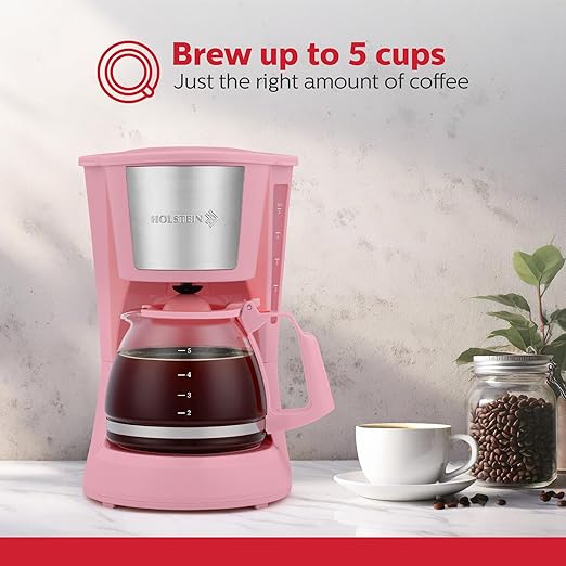 Holstein Housewares 5 Cup Drip Coffee Maker – Compact and User-Friendly with Auto Pause & Serve, Reusable Filter, Measuring Spoon & Glass Carafe, Office & Dorm Use, Pink