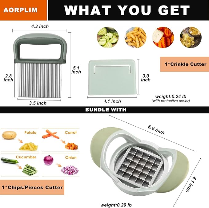 Crinkle Cutter and Potato Cutter 2 PCS, Wave Slicer Dicer Fry Cutter with Stainless Steel Blade Food-safe for Veggies, Handheld Vegetable Chopper, Salad Garnishing Tool, DishwasherSafe