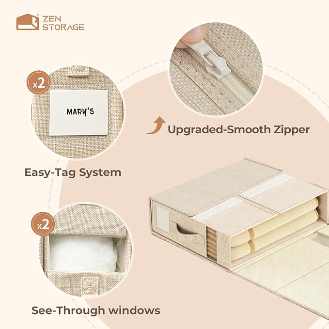 12Pack Sheet Organizers and Storage - King/Queen Size Sheet Storage Organizer with Window, Foldable & Dustproof Sheet Organizer for Linen Closet for Summer Blankets & Sheet Sets,Beige