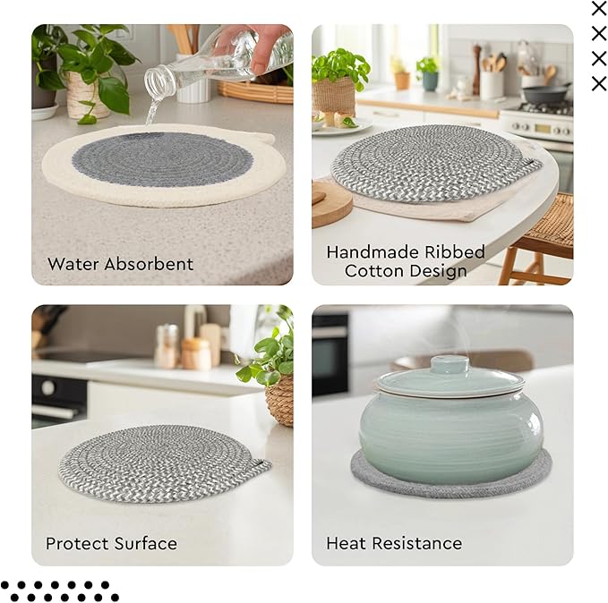 Encasa XO Round Trivet Mats for Hot Dishes with Hanging Loop | Grey Combo - Set of 3 with 7 inch Diameter | Cotton Round Thick Heat Resistant Pot Holders | Use Hot Pads Plate Mats for Hot Pots & Pans
