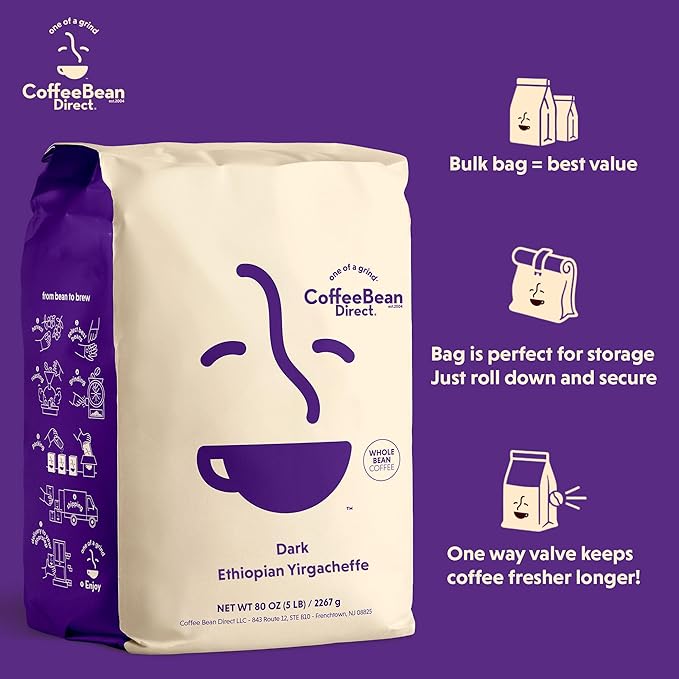 Coffee Bean Direct Dark Ethiopian Yirgacheffe, Whole Bean Coffee, Dark Roast, 5 Pound Bag (Pack of 1)