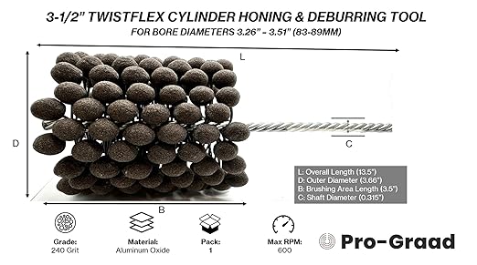 TwistFlex Cylinder Hone | 3-1/2" 240AO for Brake Cylinders, Valve Guides, Hydraulics, 3.5" Diameter for Hole Diameters 3.26"- 3.51" | Aluminum Oxide 240 Grit | 0.315" Shank | 13.5" Length