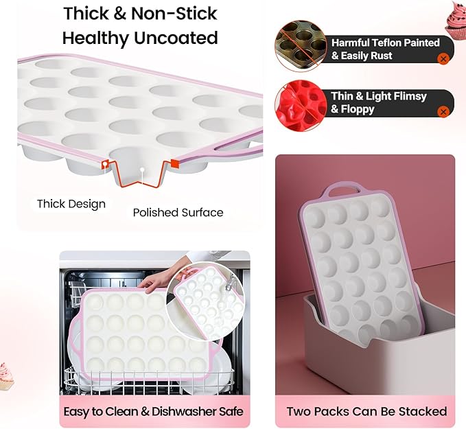 Silicone Mini Muffin Pan With Metal Reinforced Frame - 24 Cups Durable Silicone Cupcake Pan for Muffin, Cupcakes, BPA Free and Dishwasher Safe - 2 Piece Pink