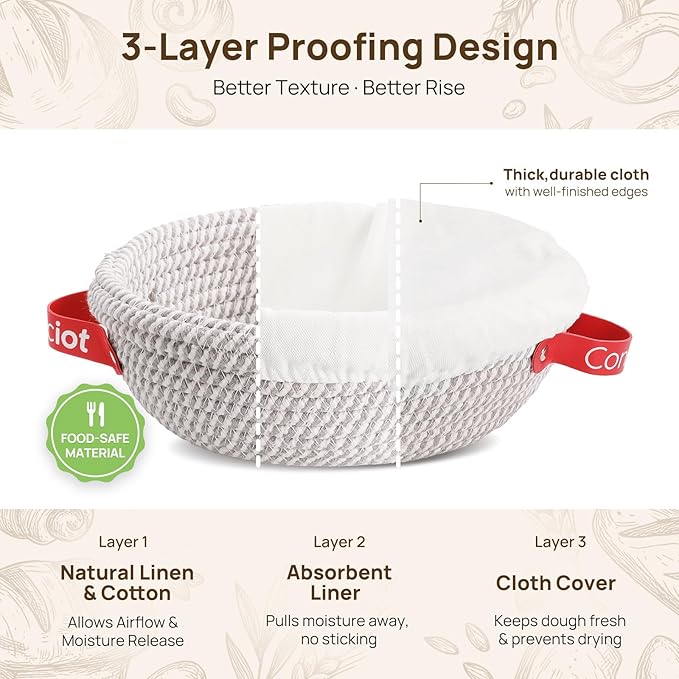 Sourdough Starter Kit Mixed Sizes, Consciot Cotton Rope Bread Proofing Basket Set, Sourdough Bread Baking Supplies, Round & Oval Bread Baskets With Liners & Covers, Gift for Bakers Women Kids Family