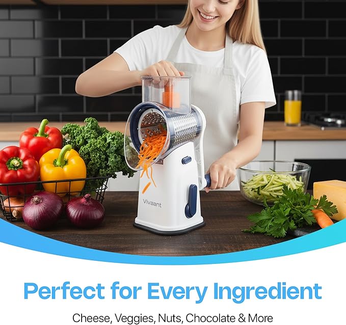 Rotary Cheese Grater with Handle, Cheese Shredder Hand Crank with Suction Base & 5 Interchangeable Blades, Multi-Functional Food Chopper for Vegetables, Nuts & Chocolate - Easy to Use & Clean