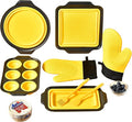 8 Piece Nonstick Baking Pans, Silicone Bakeware Set with Press to Release Design, Oven Mitts, Spatula & Brush Flexible, Stackable, BPA Free, Dishwasher & Oven Safe, Yellow