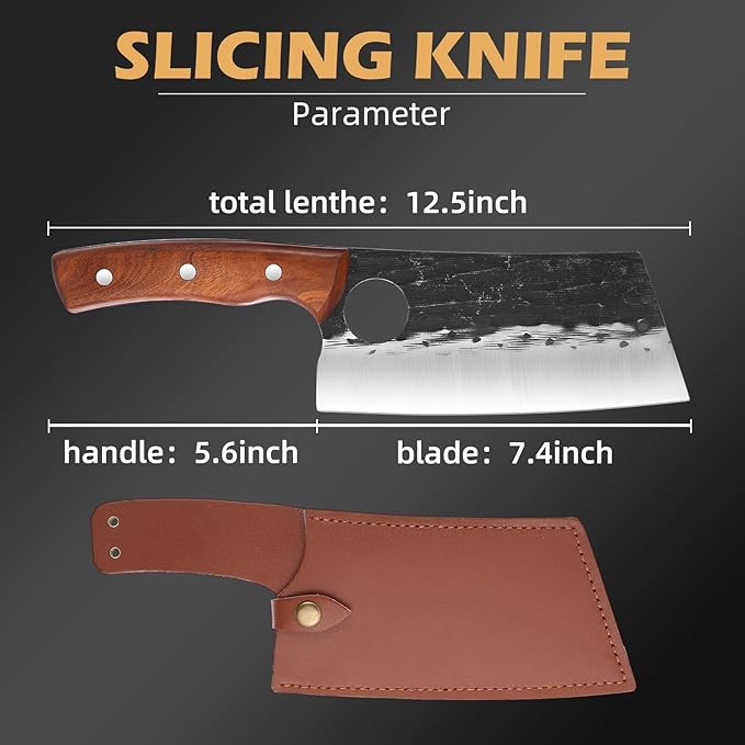 Meat Cleaver Chef Viking Butcher Japanese Cutting Boning Chopping Knife Hand Forged Full Tang Knives with Sheath for Kitchen, Outdoor Cooking, Camping, BBQ, Gift for Man and Women