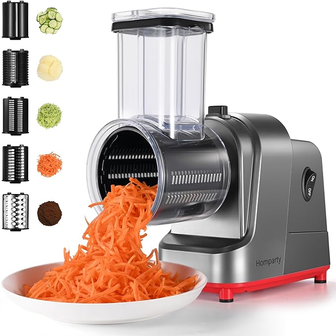 Electric Cheese Grater, Salad Maker With 5 Different Shapes of Blades, 250W Electric Slicer Shredder, Electric Salad Machine for Cheeses, Fruits and Vegetables, Silver