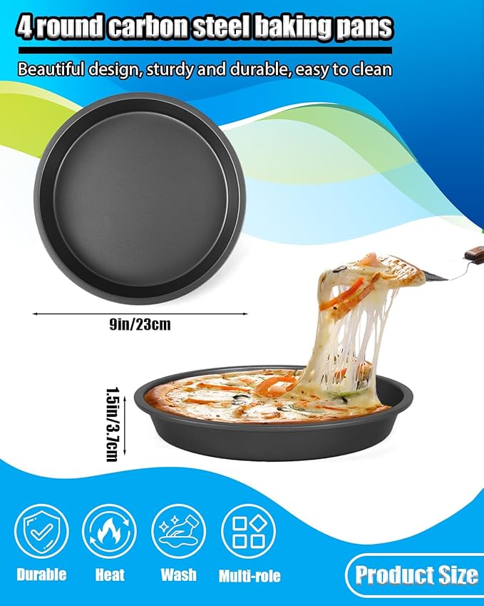 Round Cake Pans, 4 Pack 9" Nonstick Baking Cake Pans Circle Cake Pan For Birthday Wedding Christmas, Steaming Serving (Black)