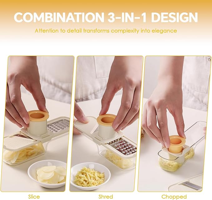 Multi-Function Garlic Grinder, 3-in-1 Garlic Chopper & Slicer with Airtight Container Easy-Clean Multi-Purpose Mandoline Slicer with Wire Scrubber and Kitchen Hook (White)